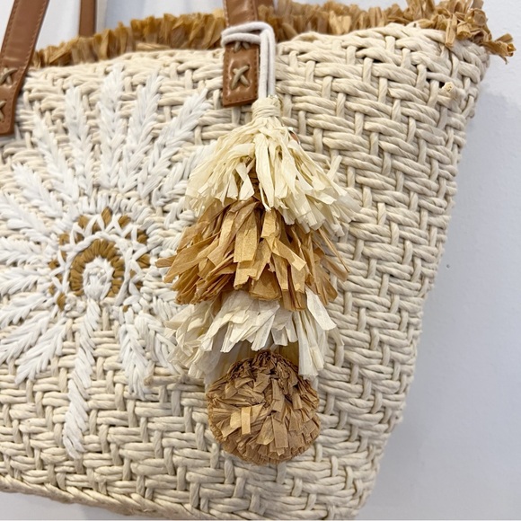 Spartina 449 Bag Womens Straw Fringe Tote Palmetto Leather Straps Beach Resort - Picture 7 of 16